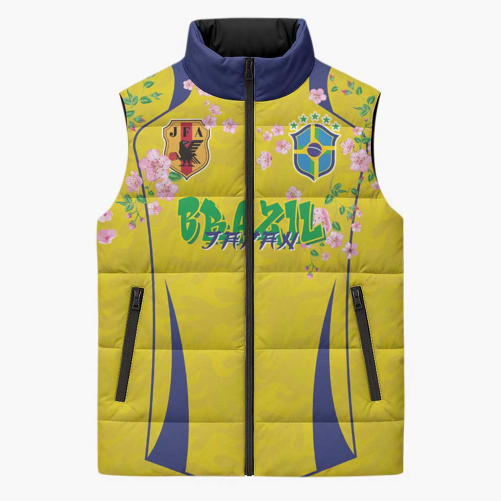 Custom Brazil Mashup Japan Football Cultural Sleeveless Puffer Jacket - Wonder Print Shop
