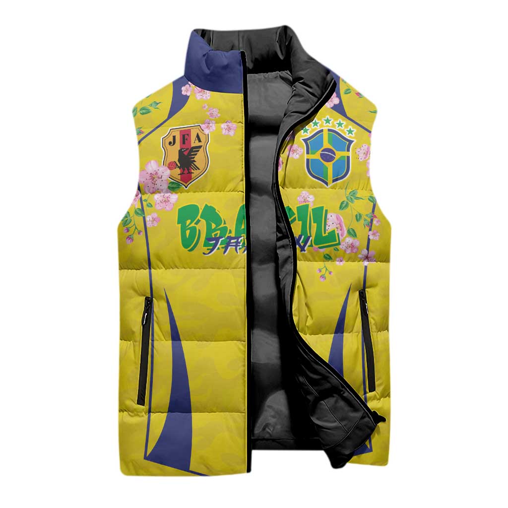 Custom Brazil Mashup Japan Football Cultural Sleeveless Puffer Jacket - Wonder Print Shop
