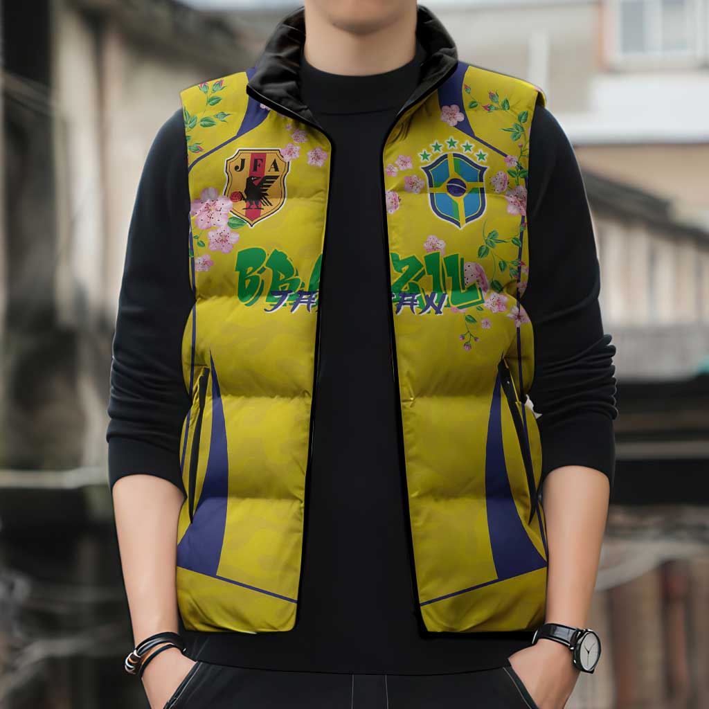 Custom Brazil Mashup Japan Football Cultural Sleeveless Puffer Jacket - Wonder Print Shop