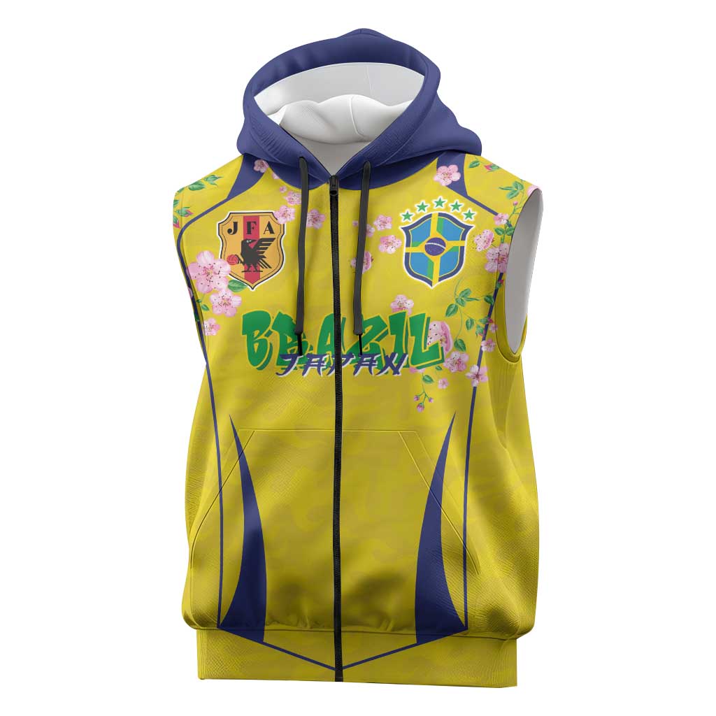Custom Brazil Mashup Japan Football Cultural Sleeveless Zip Hoodie - Wonder Print Shop