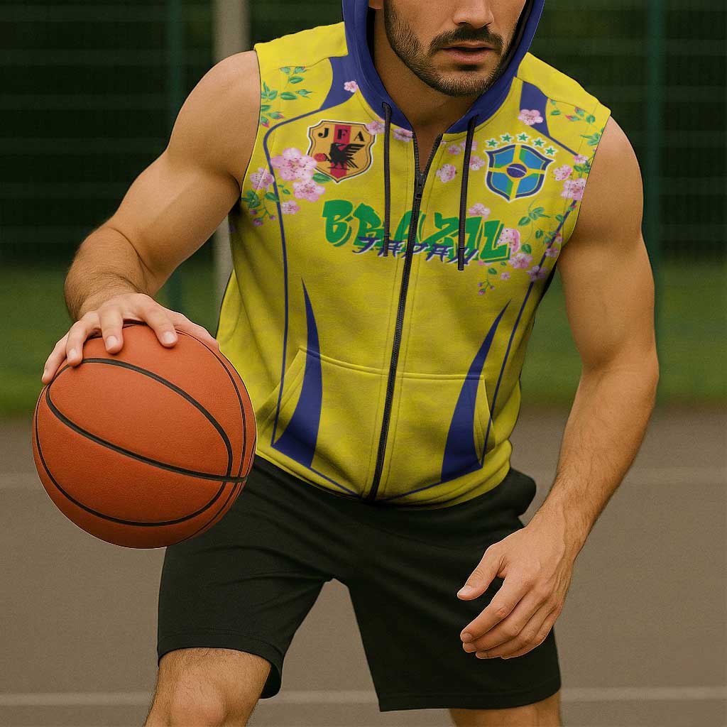 Custom Brazil Mashup Japan Football Cultural Sleeveless Zip Hoodie - Wonder Print Shop