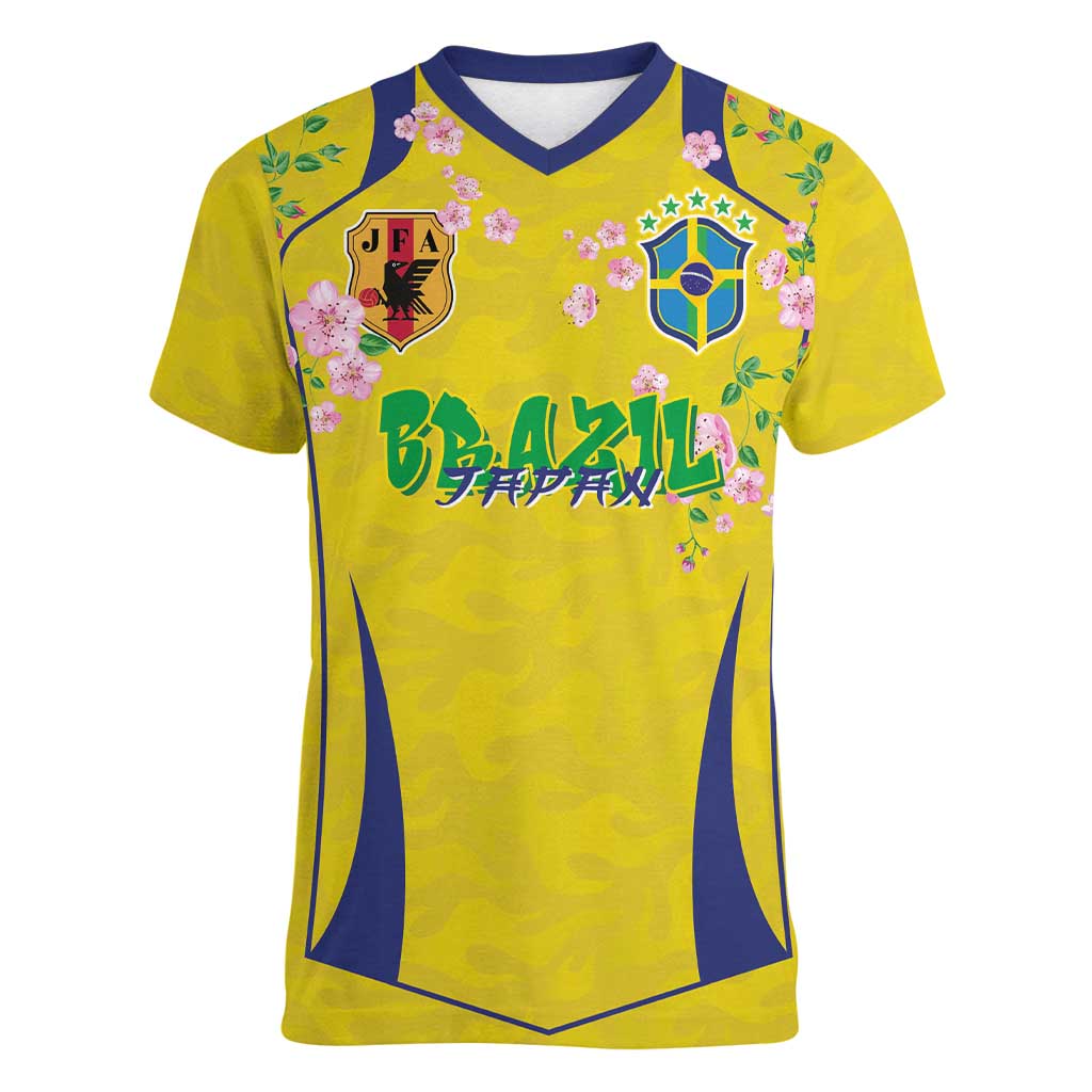 Custom Brazil Mashup Japan Football Cultural Women V-Neck T-Shirt - Wonder Print Shop