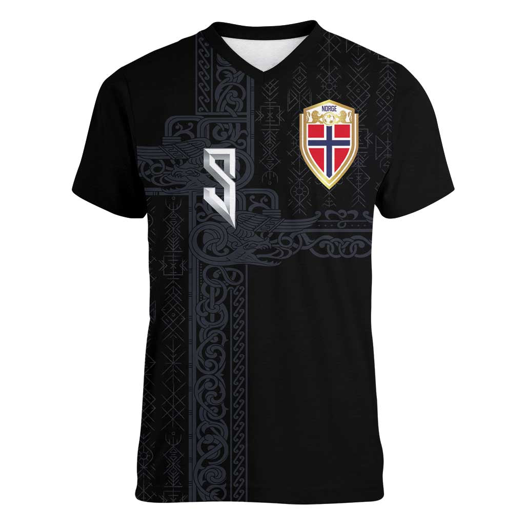 Custom Norwegian Football Women V-Neck T-Shirt Norse Inspired Black Color - Wonder Print Shop