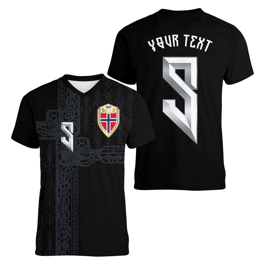 Custom Norwegian Football Women V-Neck T-Shirt Norse Inspired Black Color - Wonder Print Shop