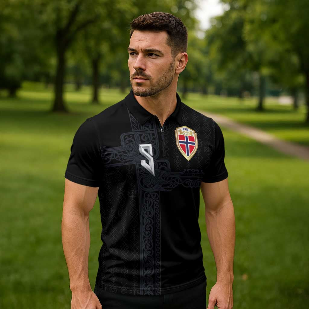 Custom Norwegian Football Zipper Polo Shirt Norse Inspired Black Color - Wonder Print Shop