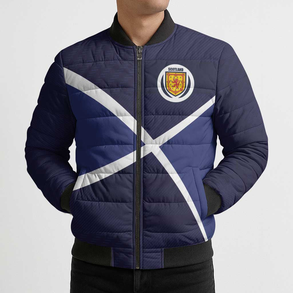 Custom Scotland Football Bomber Puffer Jacket Tartan Patchwork Pattern Scottish Saltire Flag Style