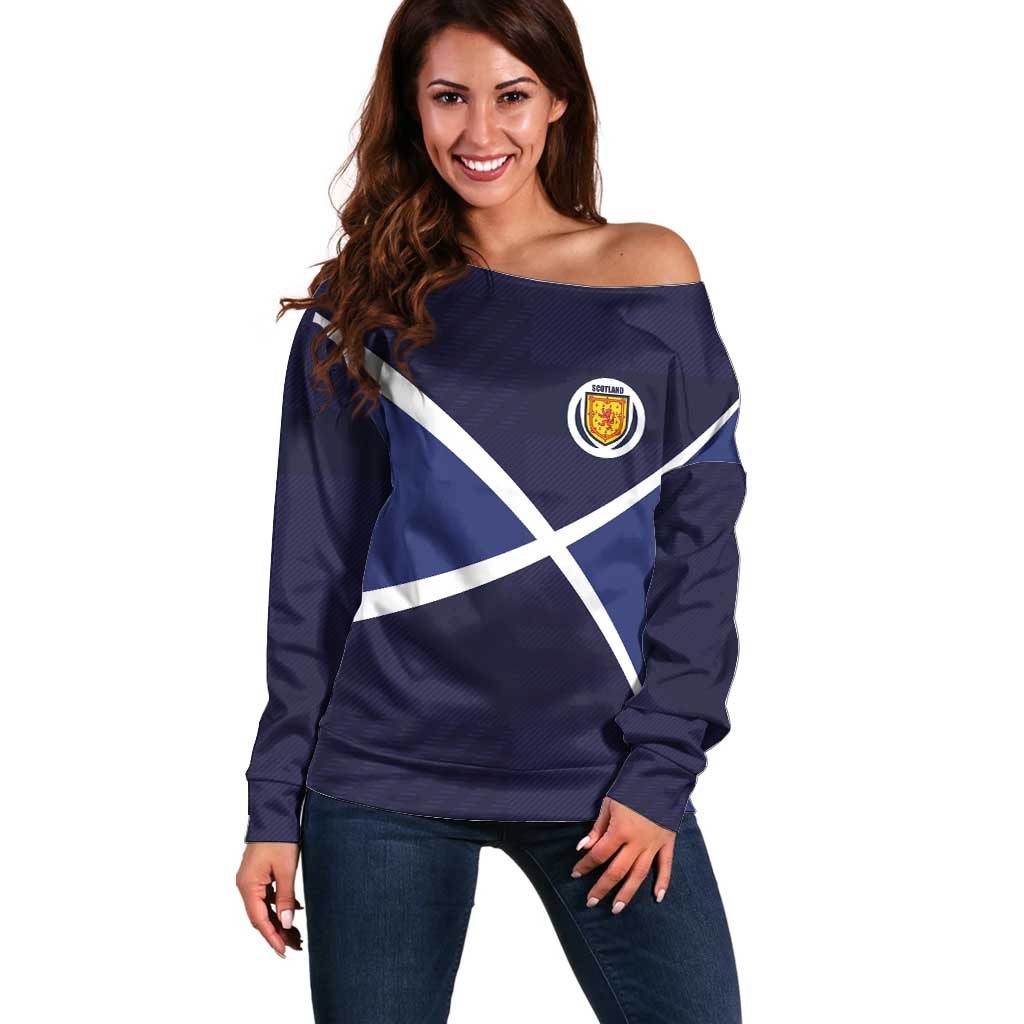Custom Scotland Football Off Shoulder Sweater Tartan Patchwork Pattern Scottish Saltire Flag Style