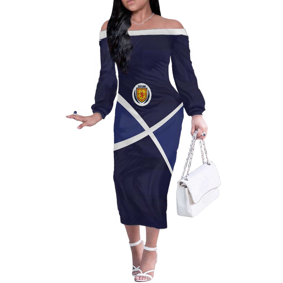 Custom Scotland Football Off The Shoulder Long Sleeve Dress Tartan Patchwork Pattern Scottish Saltire Flag Style