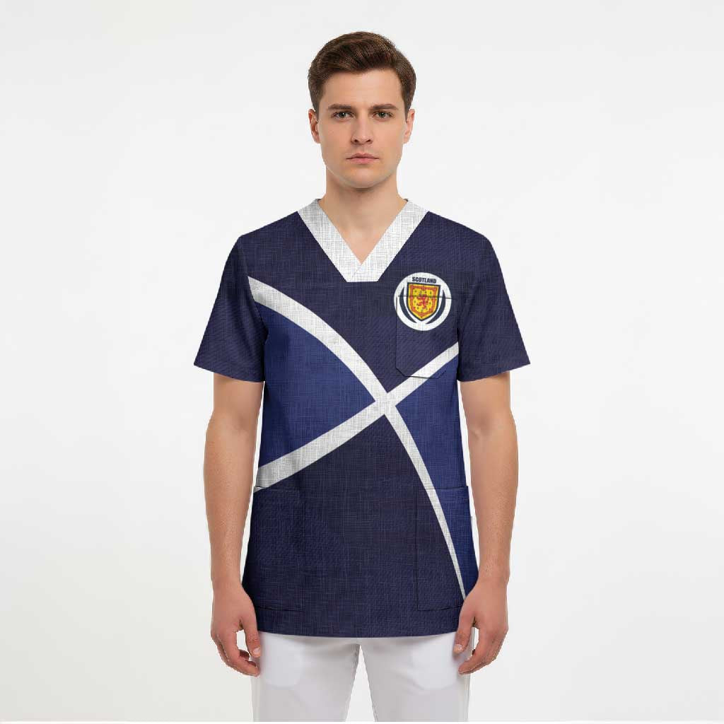 Custom Scotland Football Scrub Top Tartan Patchwork Pattern Scottish Saltire Flag Style