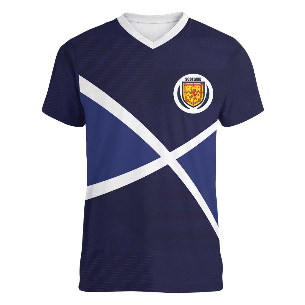Custom Scotland Football Women V-Neck T-Shirt Tartan Patchwork Pattern Scottish Saltire Flag Style