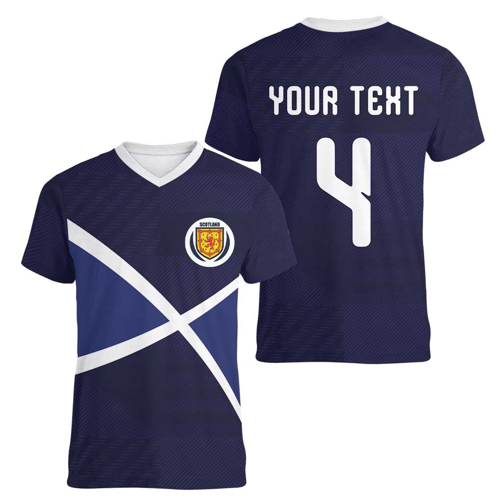 Custom Scotland Football Women V-Neck T-Shirt Tartan Patchwork Pattern Scottish Saltire Flag Style