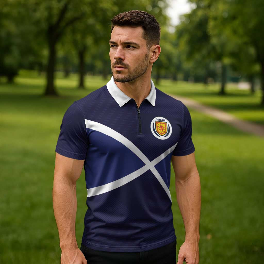 Custom Scotland Football Zipper Polo Shirt Tartan Patchwork Pattern Scottish Saltire Flag Style