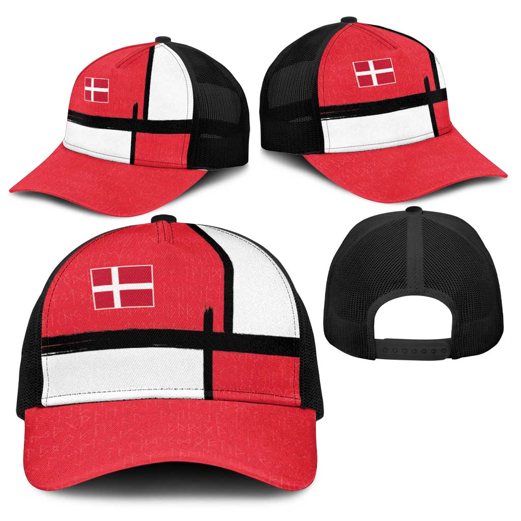 Denmark Football Baseball Net Cap White Grunge Line and Rune Inspired Sporty Style