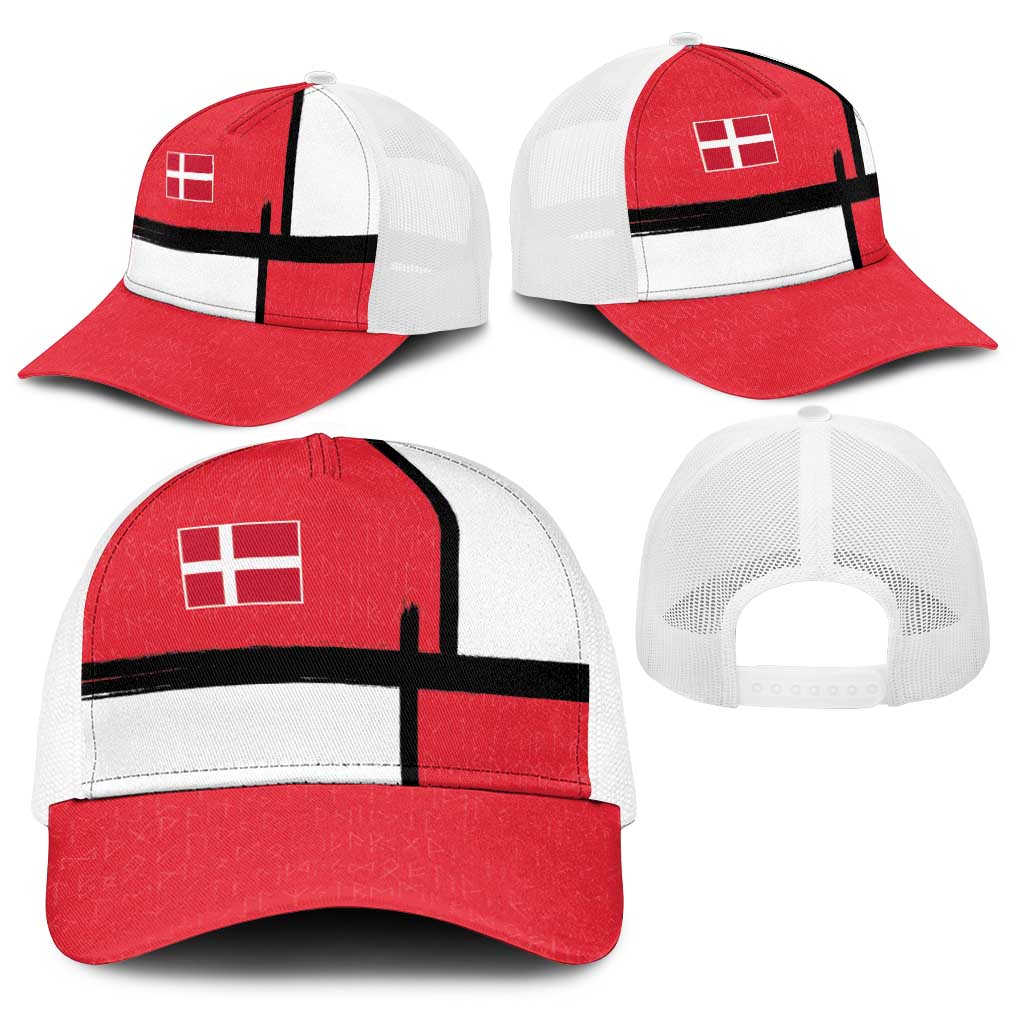 Denmark Football Baseball Net Cap White Grunge Line and Rune Inspired Sporty Style