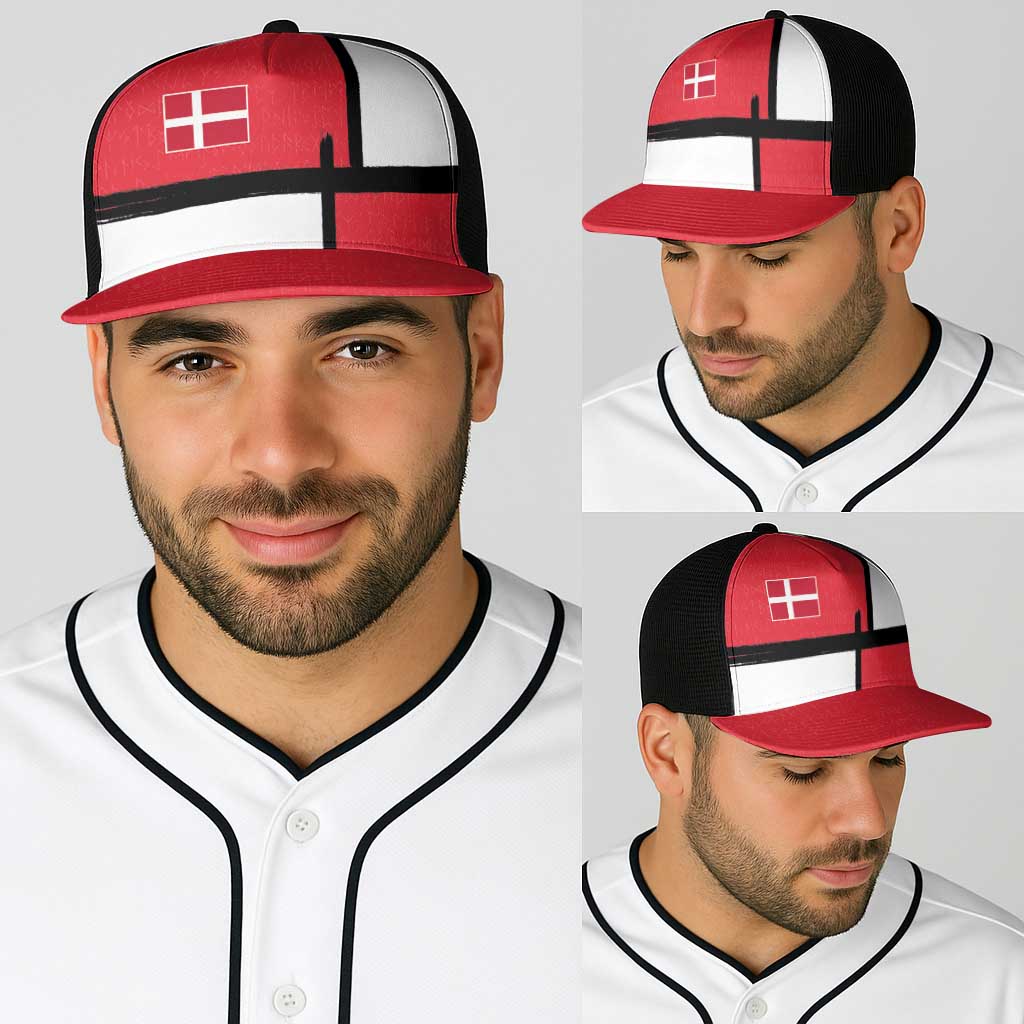 Denmark Football Baseball Net Cap White Grunge Line and Rune Inspired Sporty Style