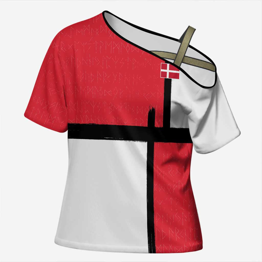 Custom Denmark Football Cross Shoulder Shirt White Grunge Line and Rune Inspired Sporty Style