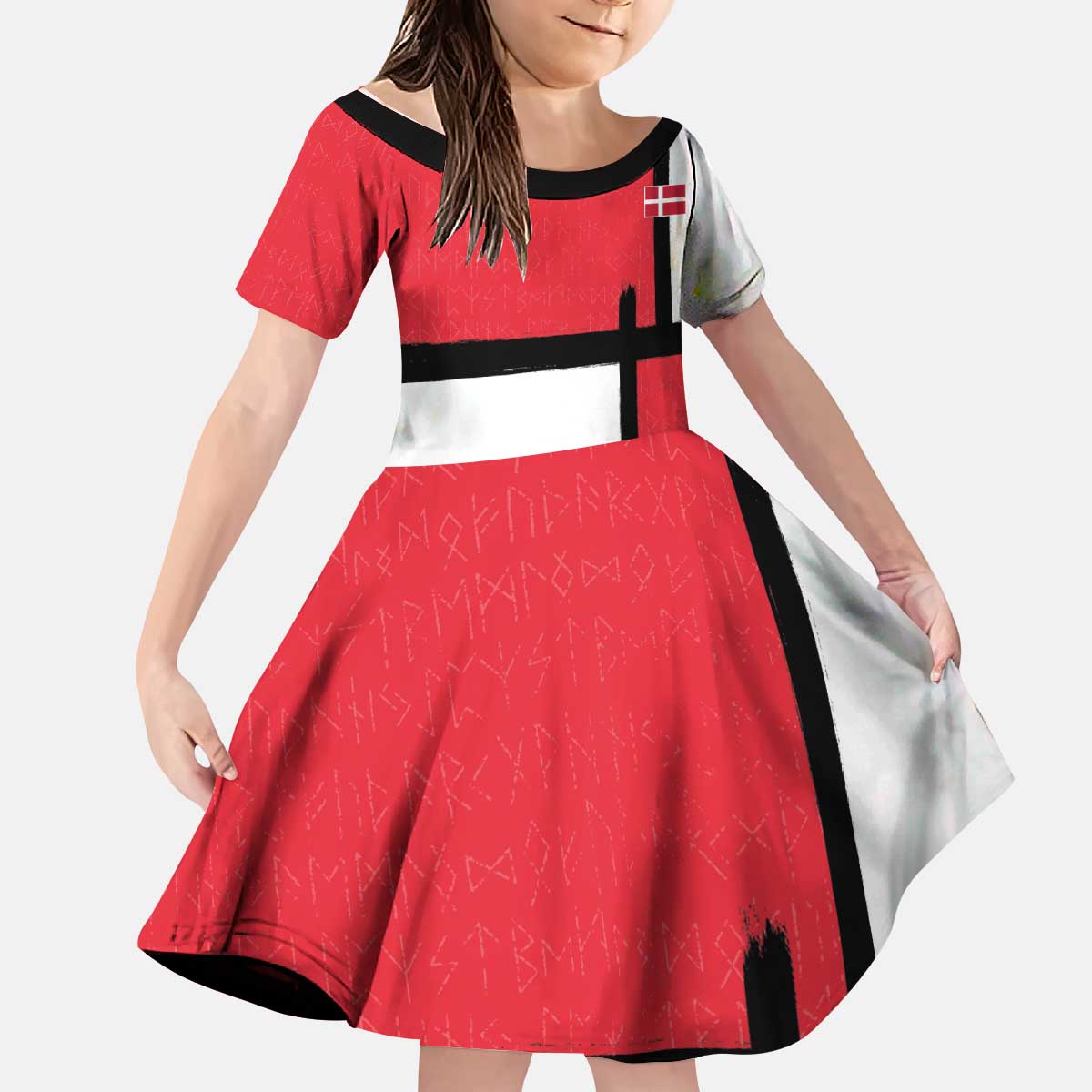 Custom Denmark Football Kid Short Sleeve Dress White Grunge Line and Rune Inspired Sporty Style