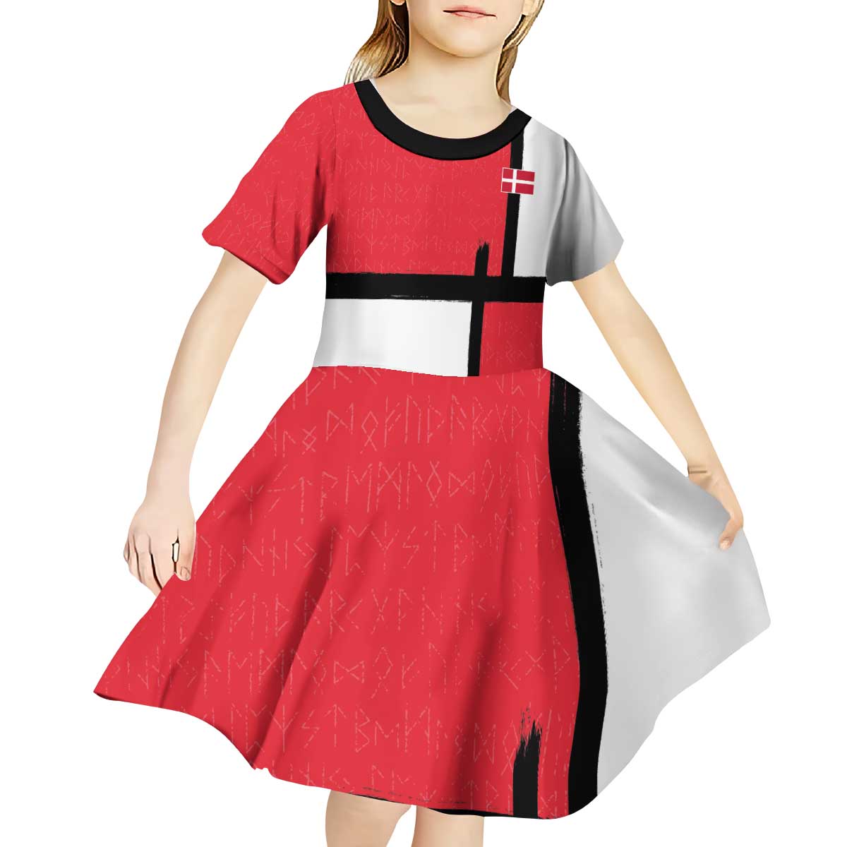 Custom Denmark Football Kid Short Sleeve Dress White Grunge Line and Rune Inspired Sporty Style