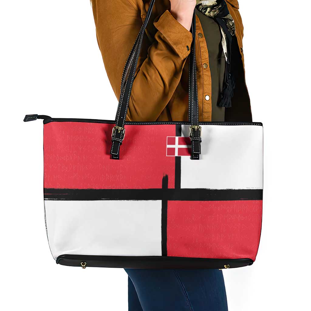 Denmark Football Leather Tote Bag White Grunge Line and Rune Inspired Sporty Style