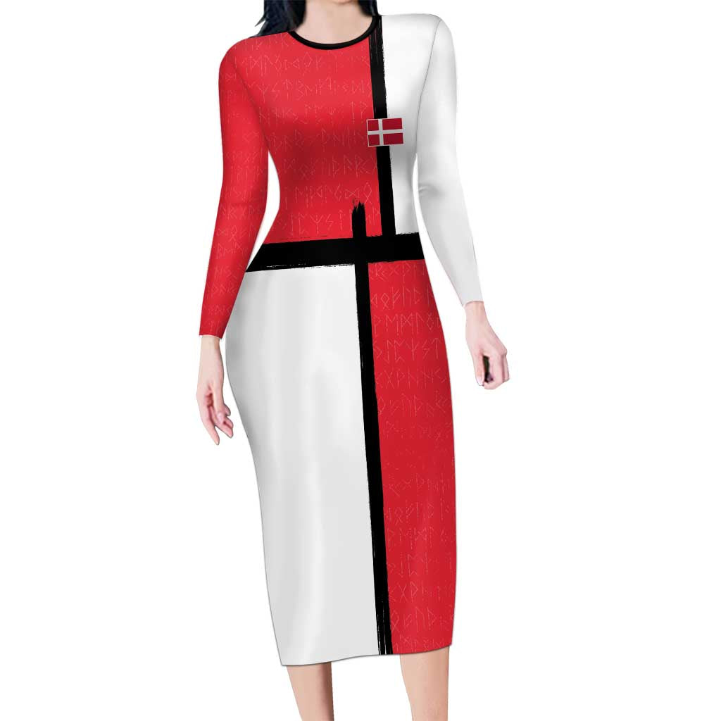 Custom Denmark Football Long Sleeve Bodycon Dress White Grunge Line and Rune Inspired Sporty Style