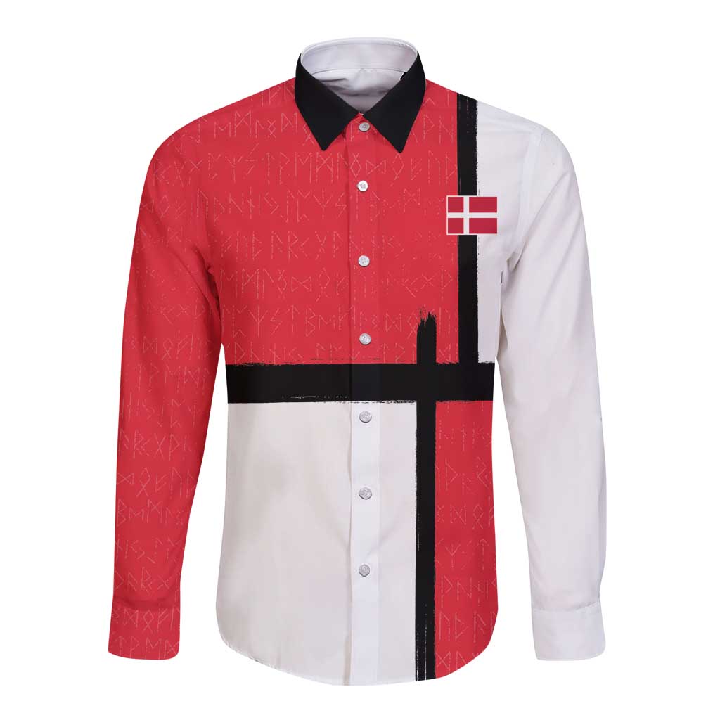 Custom Denmark Football Long Sleeve Button Shirt White Grunge Line and Rune Inspired Sporty Style