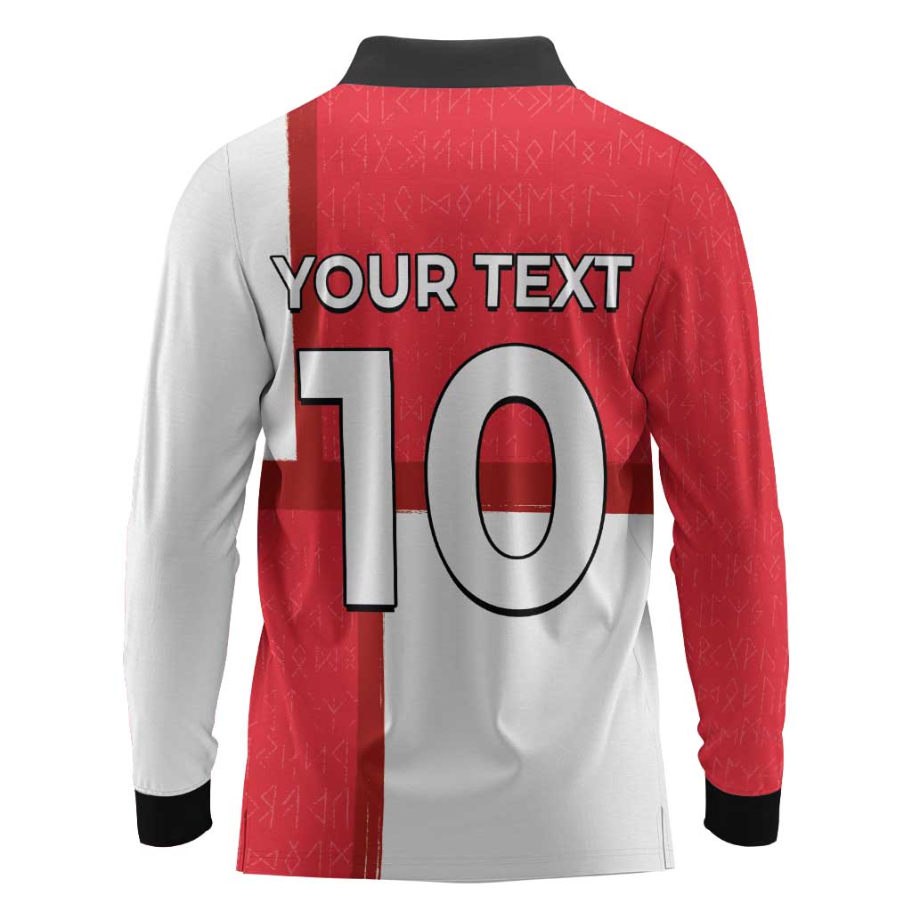Custom Denmark Football Long Sleeve Polo Shirt White Grunge Line and Rune Inspired Sporty Style