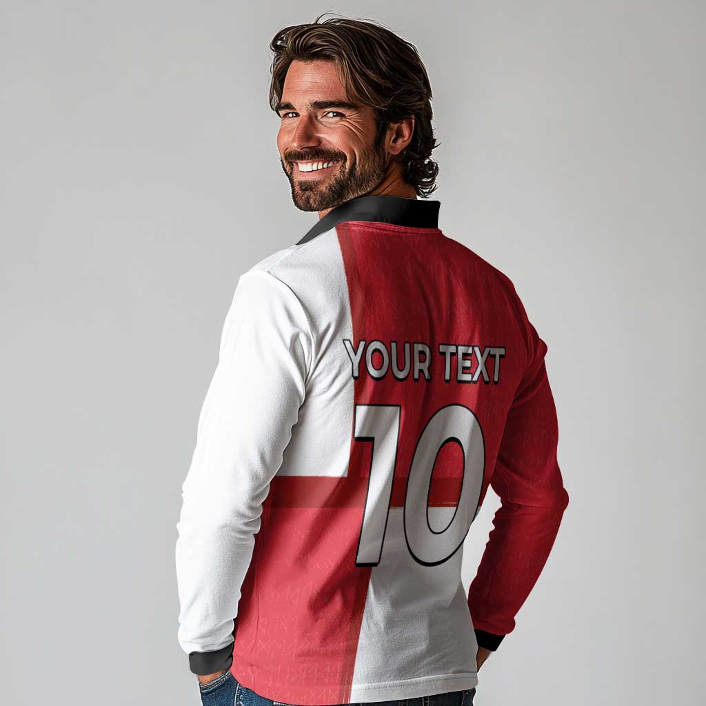 Custom Denmark Football Long Sleeve Polo Shirt White Grunge Line and Rune Inspired Sporty Style