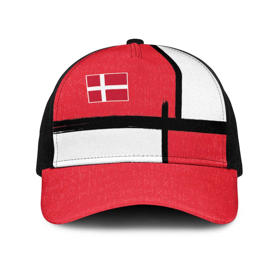 Denmark Football Mesh Trucker Cap White Grunge Line and Rune Inspired Sporty Style