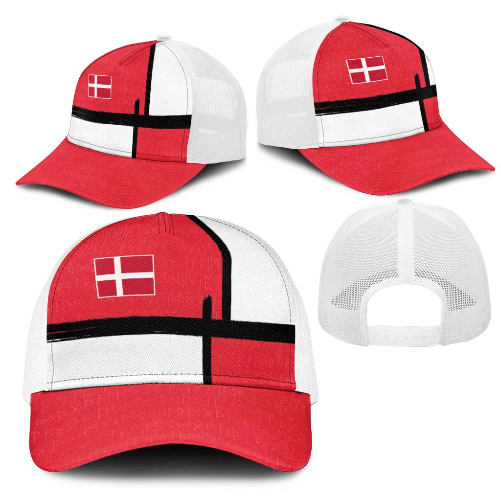 Denmark Football Mesh Trucker Cap White Grunge Line and Rune Inspired Sporty Style