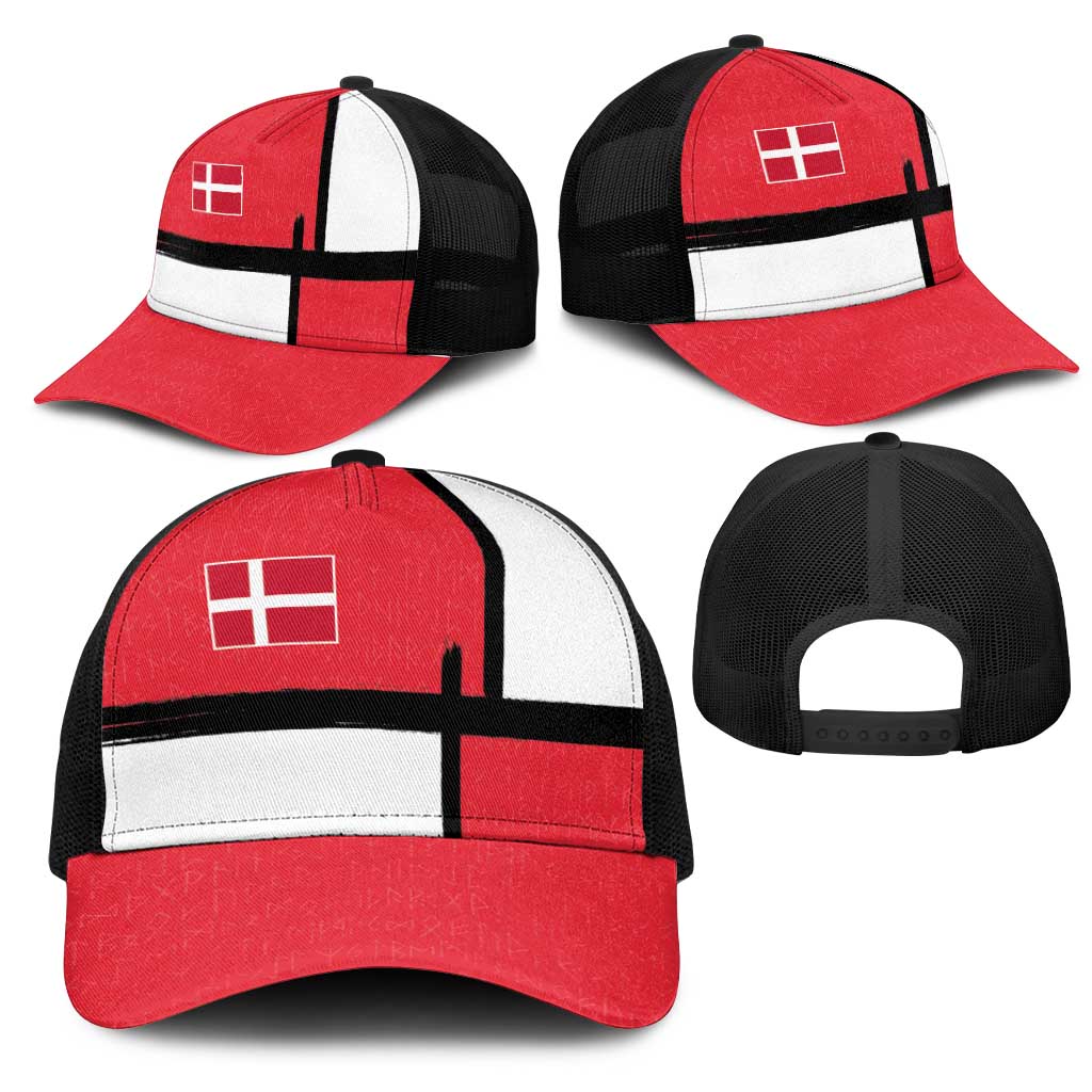 Denmark Football Mesh Trucker Cap White Grunge Line and Rune Inspired Sporty Style