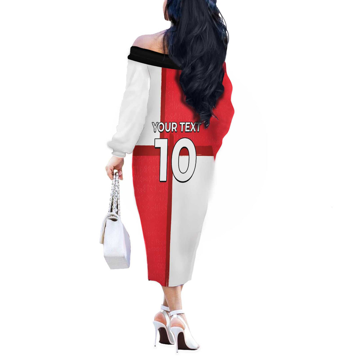 Custom Denmark Football Off The Shoulder Long Sleeve Dress White Grunge Line and Rune Inspired Sporty Style