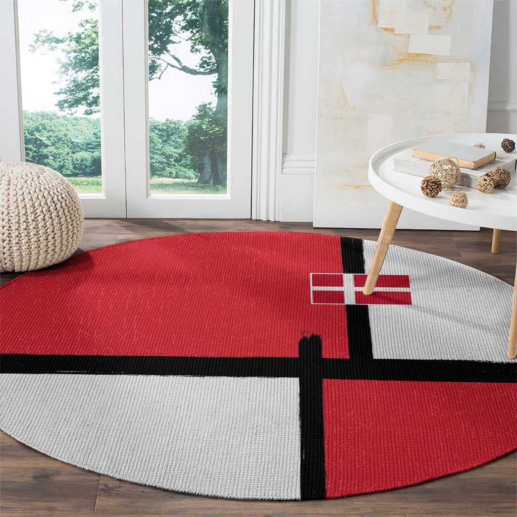 Denmark Football Round Carpet White Grunge Line and Rune Inspired Sporty Style