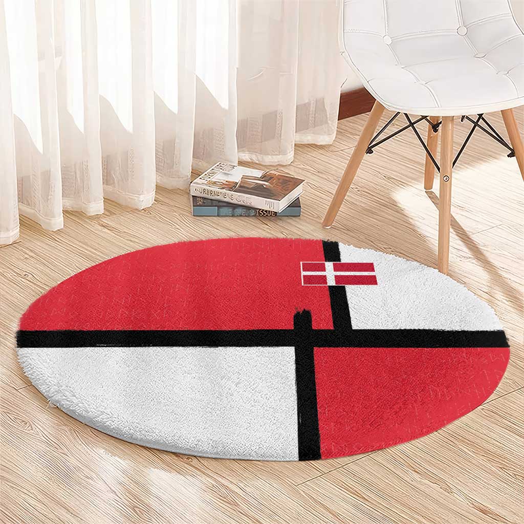 Denmark Football Round Carpet White Grunge Line and Rune Inspired Sporty Style