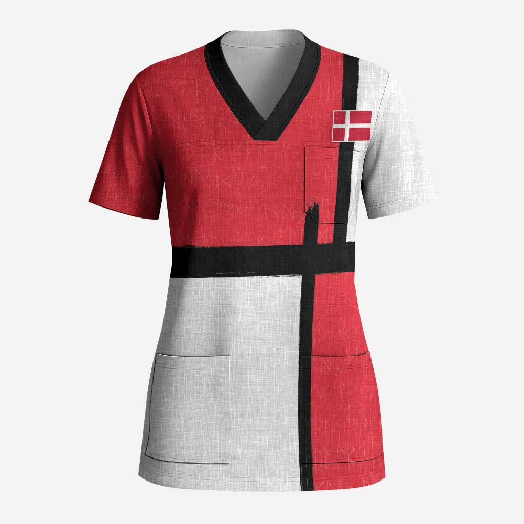 Custom Denmark Football Scrub Top White Grunge Line and Rune Inspired Sporty Style