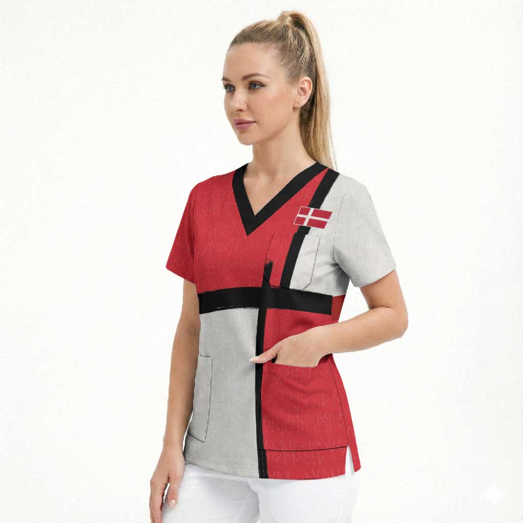 Custom Denmark Football Scrub Top White Grunge Line and Rune Inspired Sporty Style