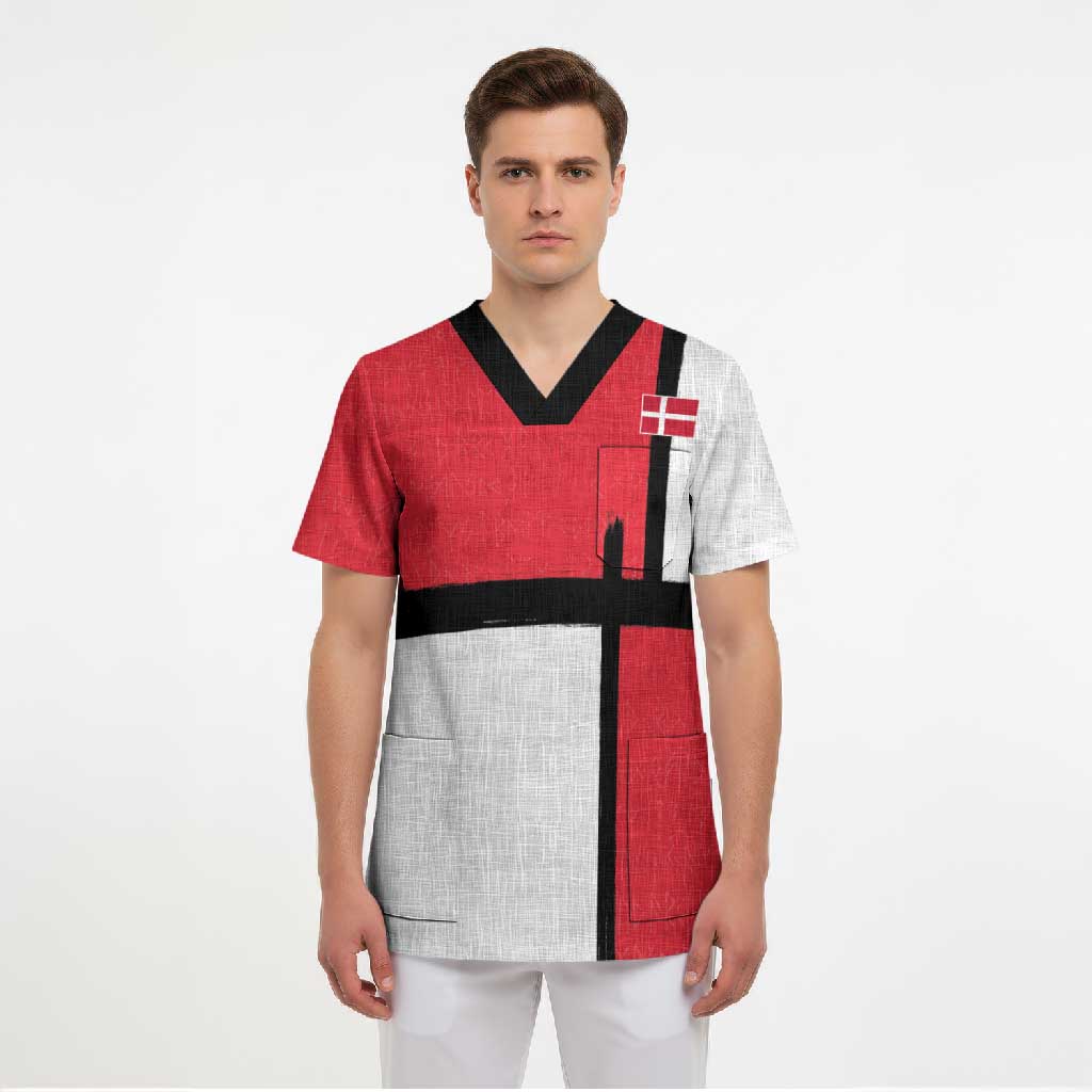 Custom Denmark Football Scrub Top White Grunge Line and Rune Inspired Sporty Style