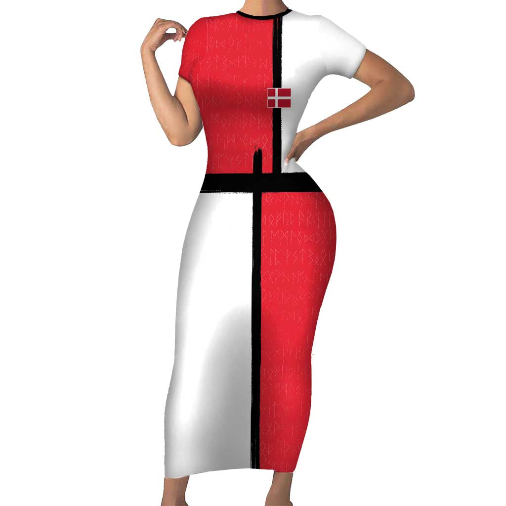 Custom Denmark Football Short Sleeve Bodycon Dress White Grunge Line and Rune Inspired Sporty Style