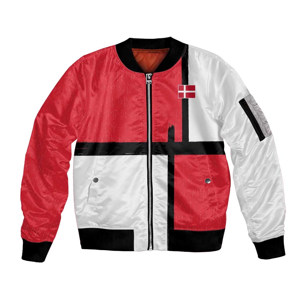 Custom Denmark Football Sleeve Zip Bomber Jacket White Grunge Line and Rune Inspired Sporty Style