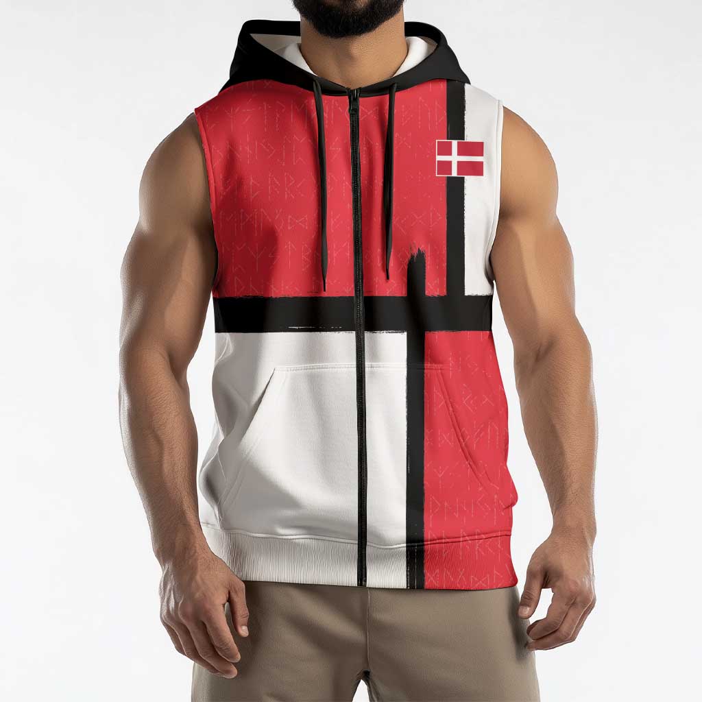 Custom Denmark Football Sleeveless Zip Hoodie White Grunge Line and Rune Inspired Sporty Style