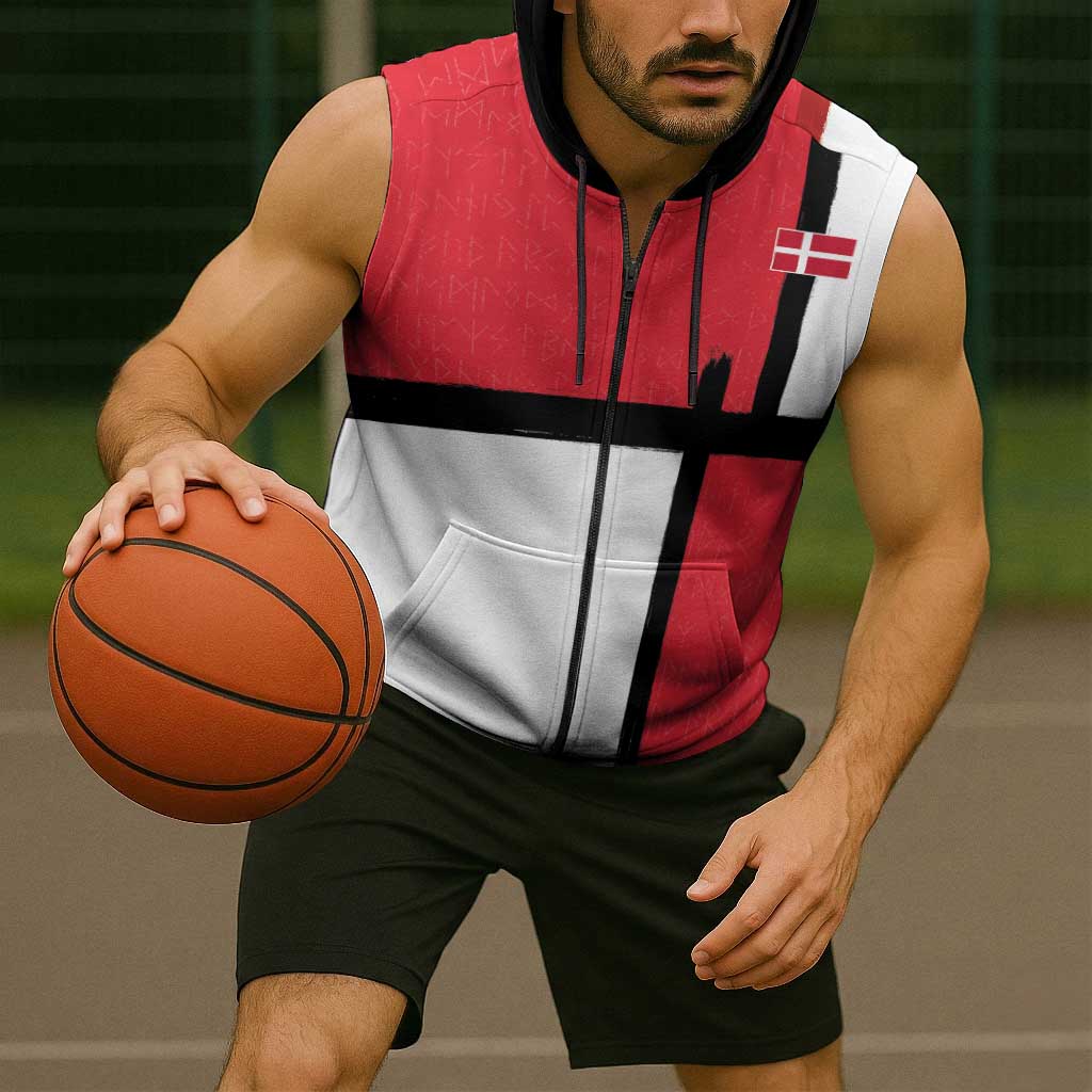 Custom Denmark Football Sleeveless Zip Hoodie White Grunge Line and Rune Inspired Sporty Style