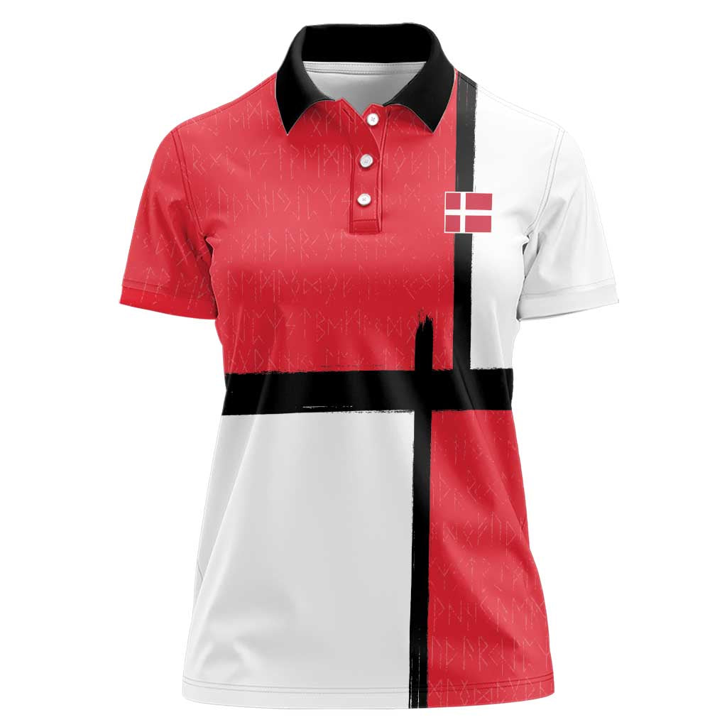Custom Denmark Football Women Polo Shirt White Grunge Line and Rune Inspired Sporty Style