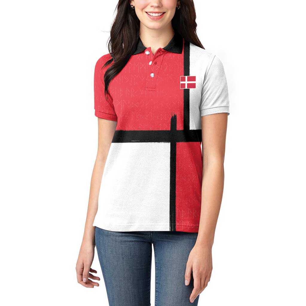 Custom Denmark Football Women Polo Shirt White Grunge Line and Rune Inspired Sporty Style