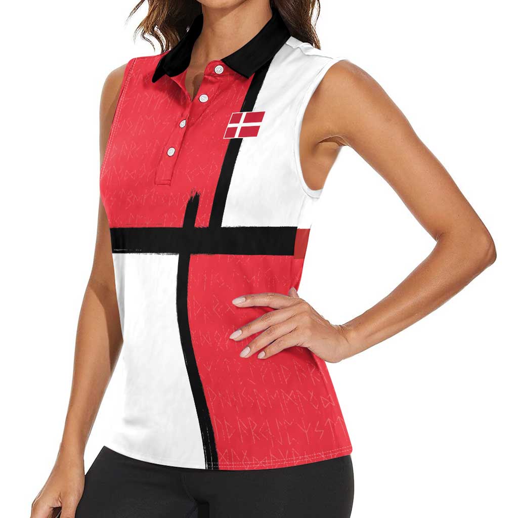 Custom Denmark Football Women Sleeveless Polo Shirt White Grunge Line and Rune Inspired Sporty Style