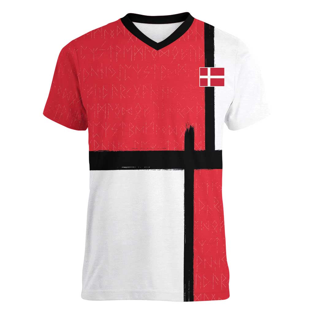 Custom Denmark Football Women V-Neck T-Shirt White Grunge Line and Rune Inspired Sporty Style