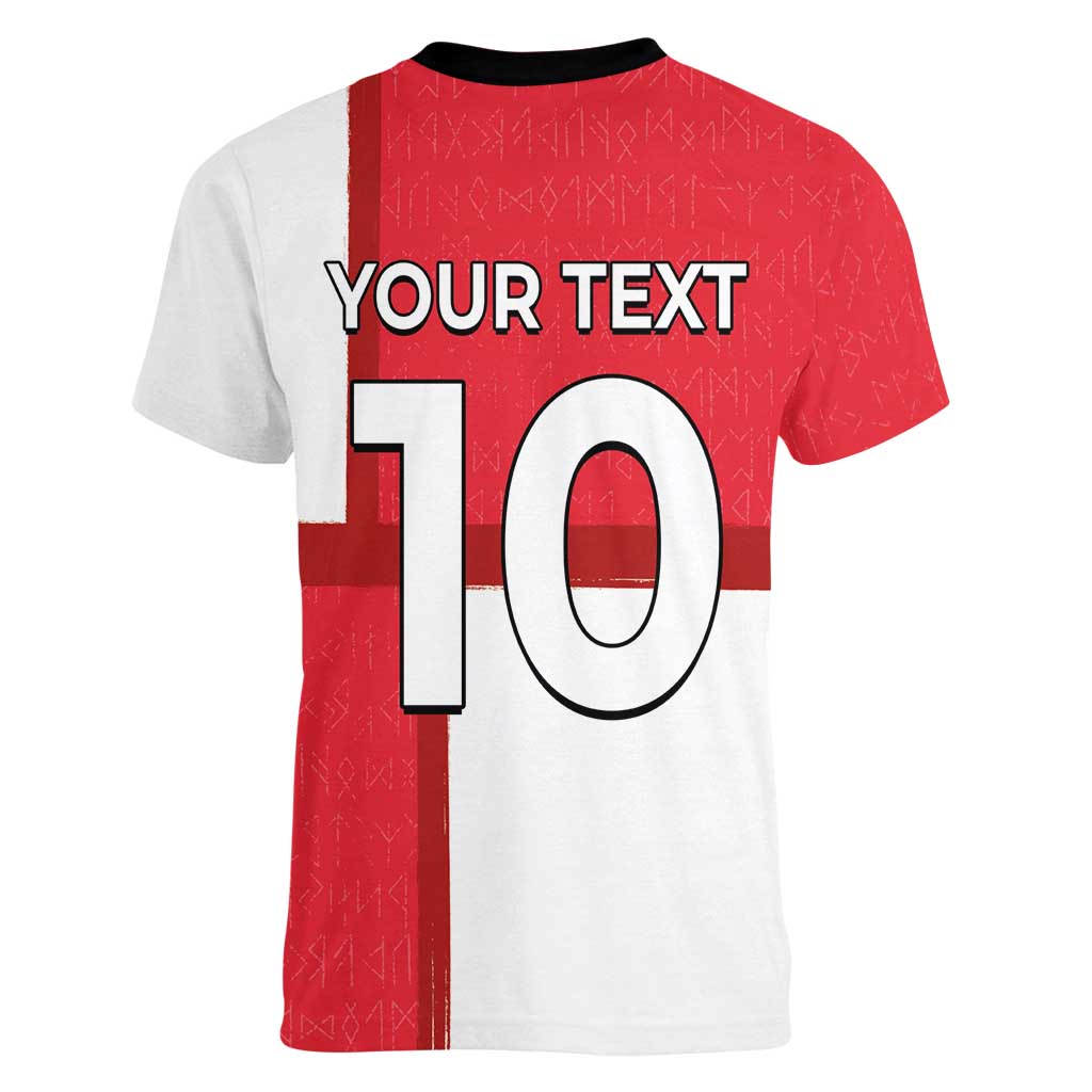 Custom Denmark Football Women V-Neck T-Shirt White Grunge Line and Rune Inspired Sporty Style