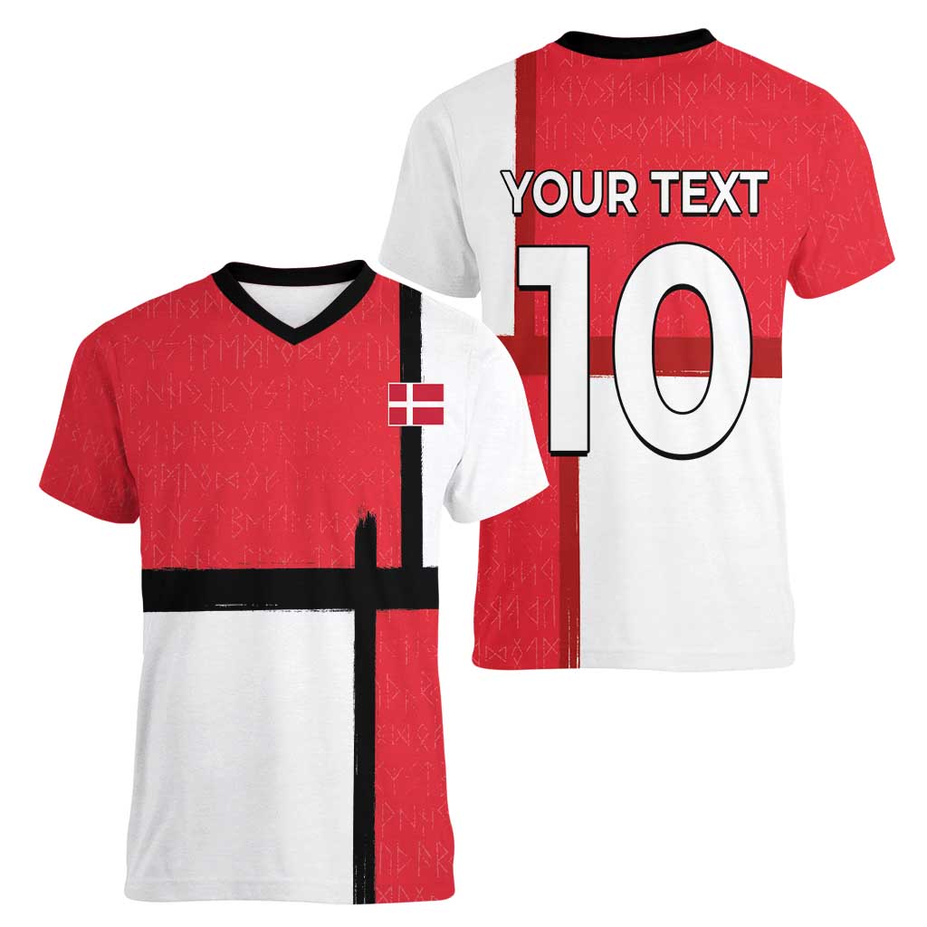 Custom Denmark Football Women V-Neck T-Shirt White Grunge Line and Rune Inspired Sporty Style