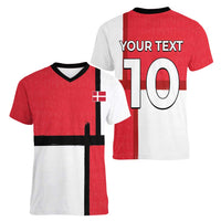 Custom Denmark Football Women V-Neck T-Shirt White Grunge Line and Rune Inspired Sporty Style