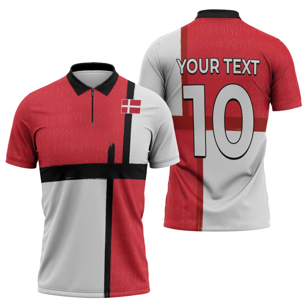 Custom Denmark Football Zipper Polo Shirt White Grunge Line and Rune Inspired Sporty Style