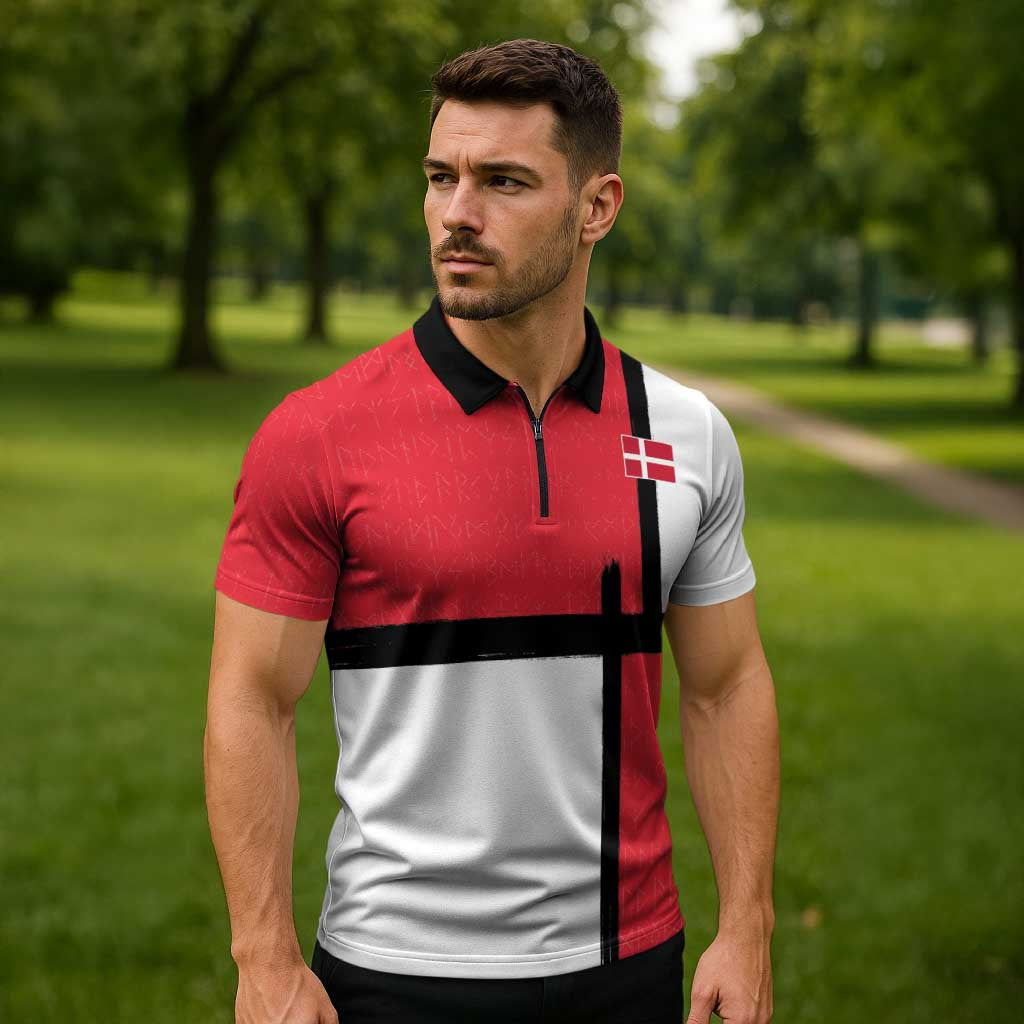 Custom Denmark Football Zipper Polo Shirt White Grunge Line and Rune Inspired Sporty Style