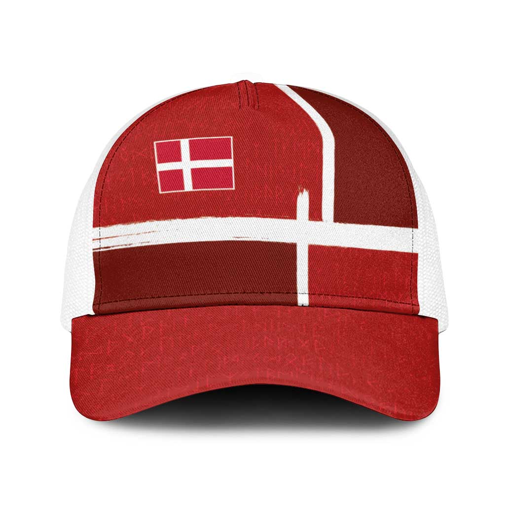 Denmark Football Baseball Net Cap Black Grunge Line and Rune Inspired Sporty Style